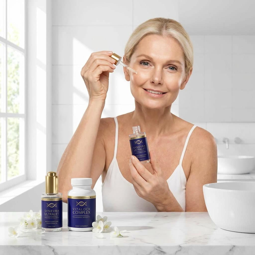 Woman applying Synevra UltraLift serum with confidence