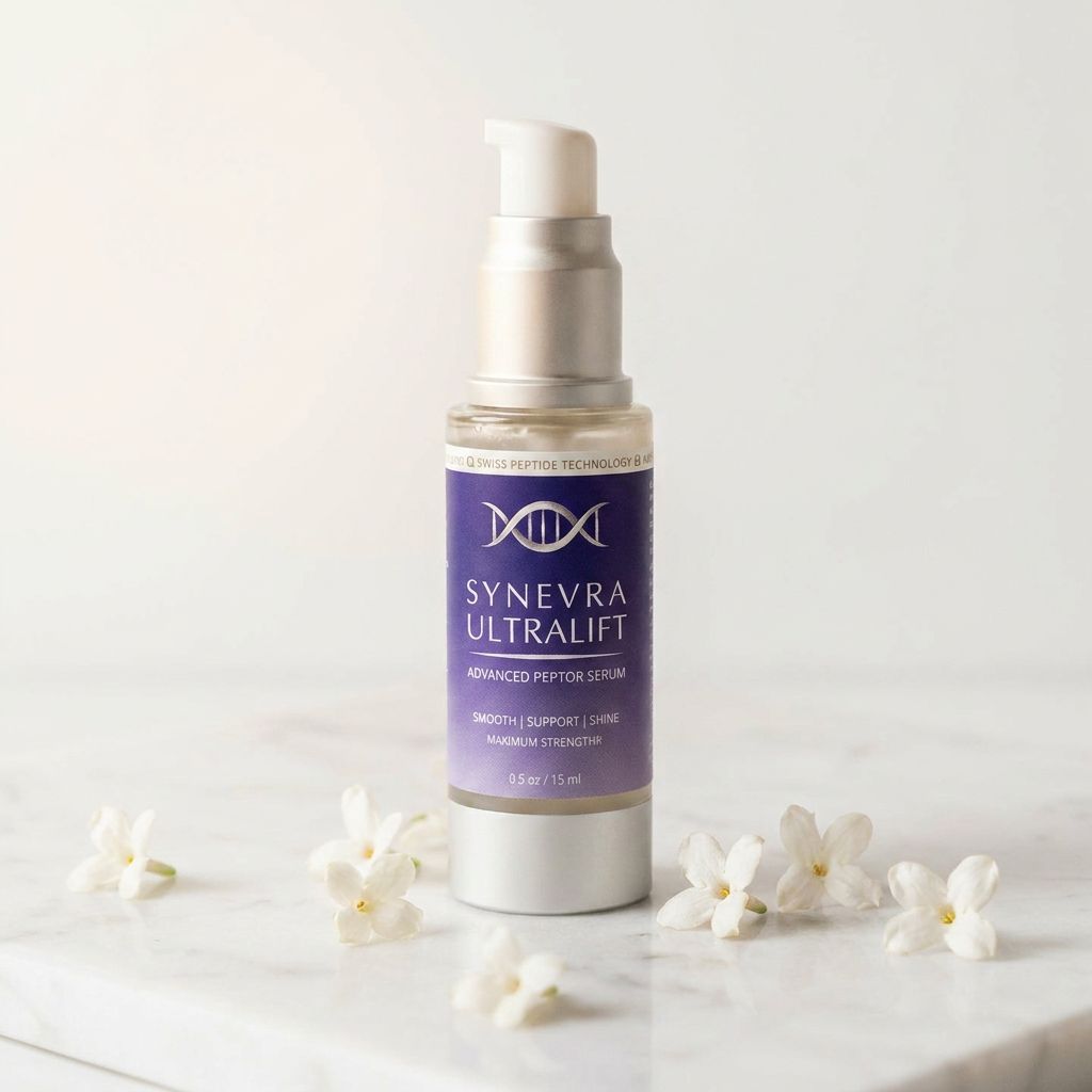 Synevra UltraLift serum bottle on marble